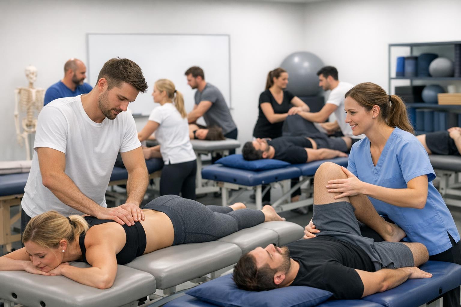 Zdjęcie sali szkoleniowej z fizjoterapeutami podczas praktycznych ćwiczeń