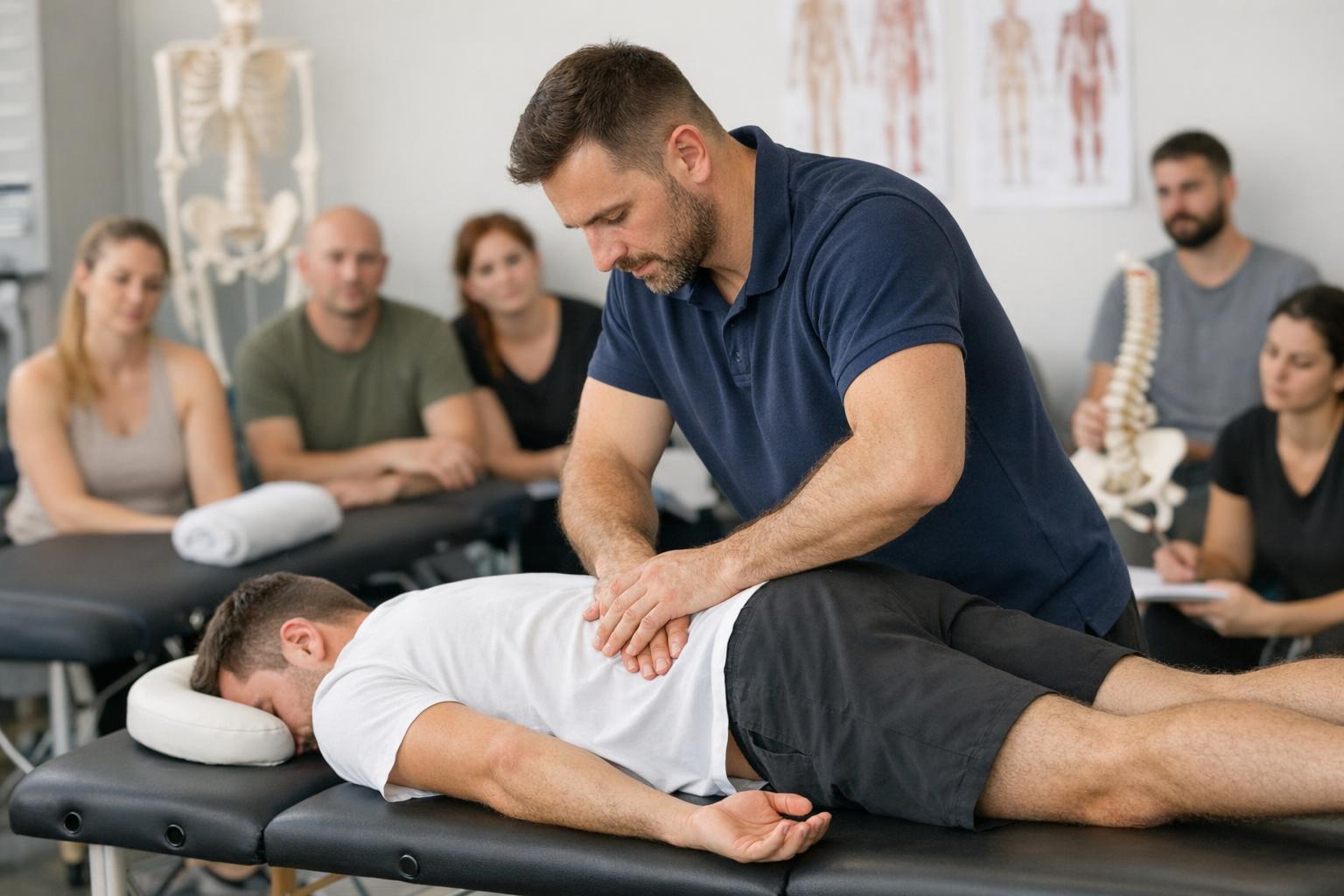 Zdjęcie fizjoterapeuty prowadzącego terapię z wykorzystaniem terapii manualnej podczas kursu