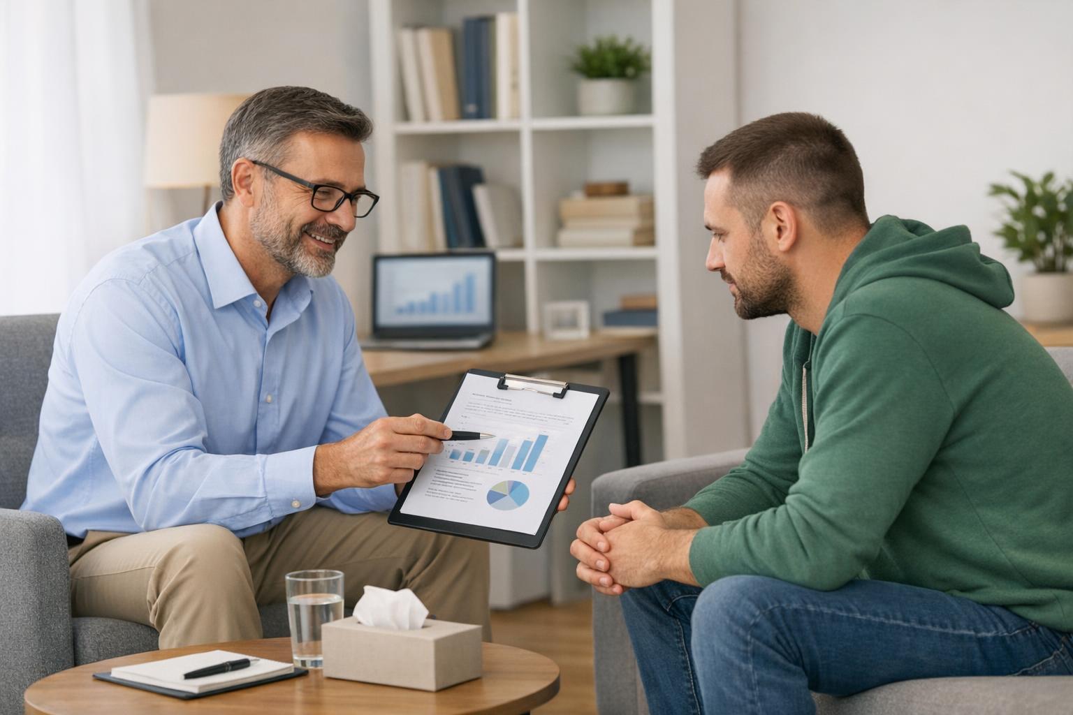 Terapeuta konsultujący pacjenta, omawianie wyników i planu terapii