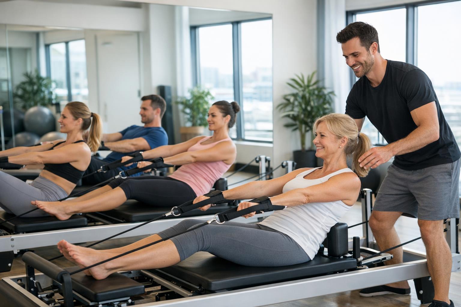 Grupa osób ćwiczących pilates w studio z instruktorem