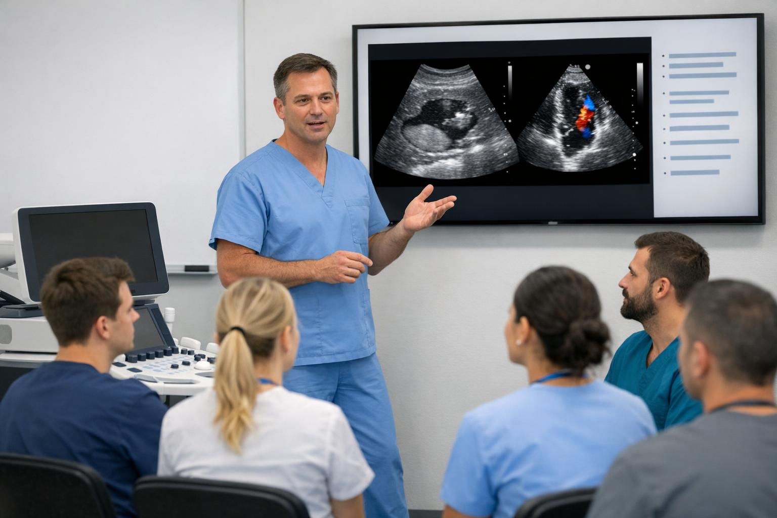 Instruktor omawia przypadek kliniczny z grupą uczestników kursu USG